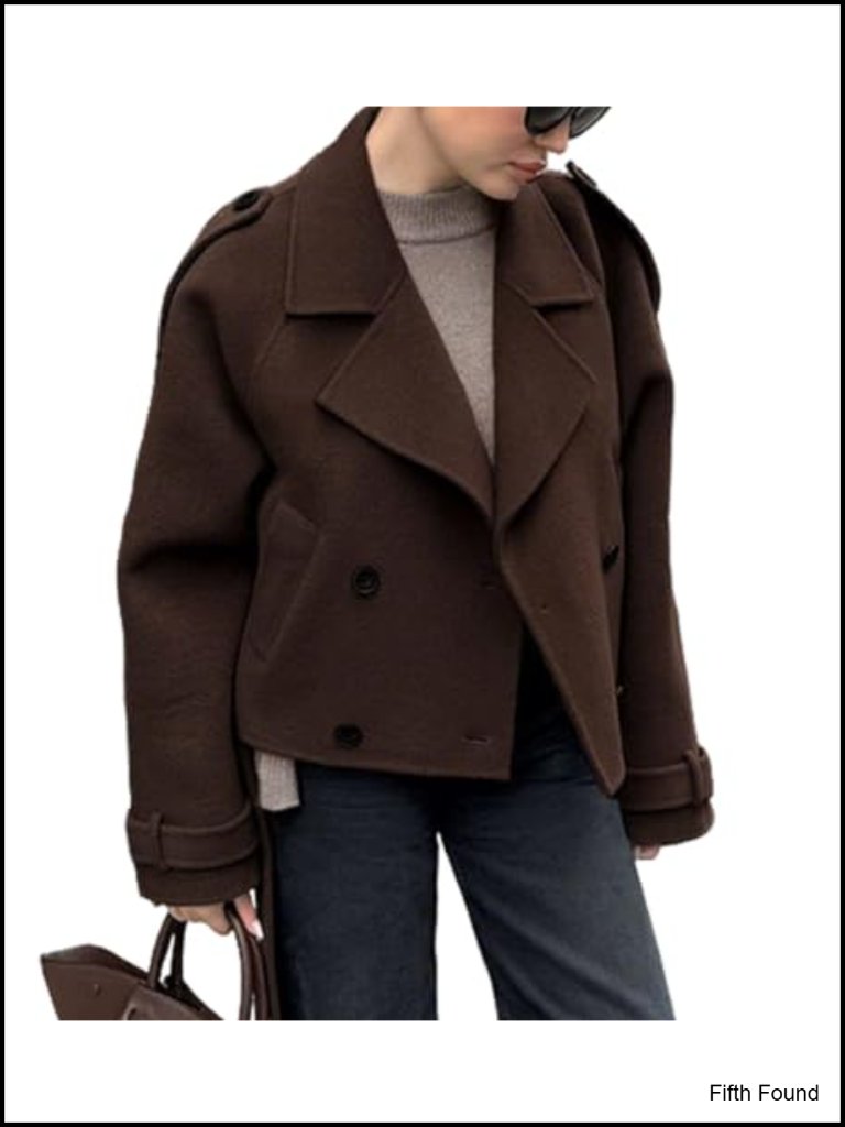 Women Wool Pea Coat Cropped Lapel Collar Winter Short Double Breasted Trench